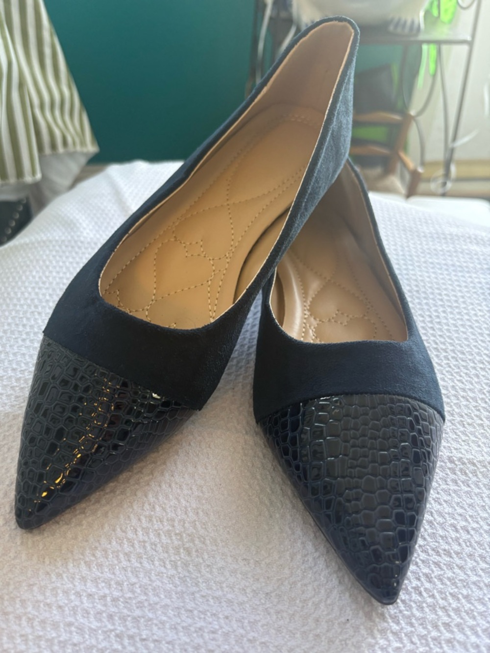Women’s Navy Blue Pointed Toe Flats - Sleek Faux Croc Cap